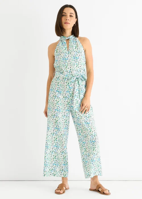 Gini London Blue Petit Halter Neck Keyhole Wide Leg Crop Jumpsuit - 12 Image 1