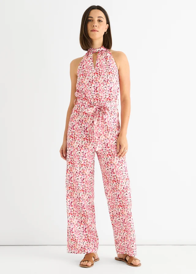 Gini London Pink Halter Neck Keyhole Wide Leg Jumpsuit