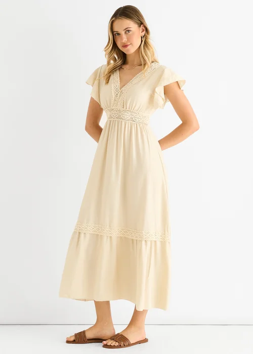 Gini London Beige Crochet Lace Panel Elasticated Waist Midi Dress - L/XL Image 4