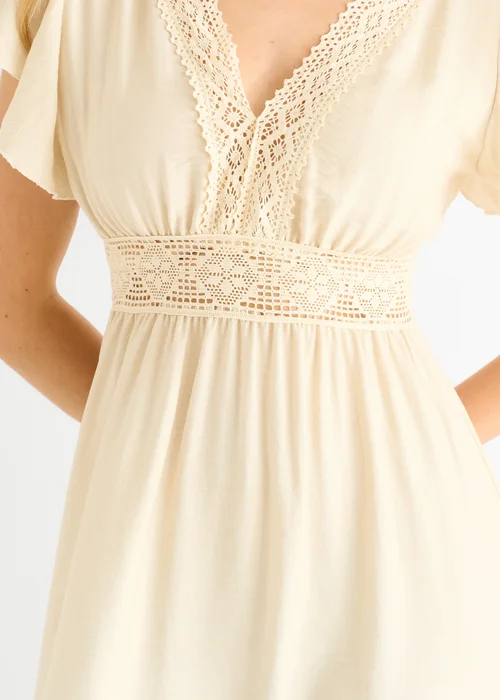 Gini London Beige Crochet Lace Panel Elasticated Waist Midi Dress - L/XL Image 3