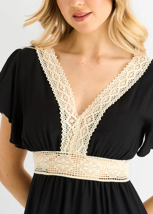 Gini London Black Crochet Lace Panel Elasticated Waist Midi Dress - M/L Image 3