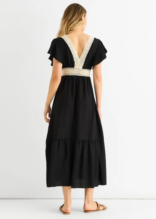 Gini London Black Crochet Lace Panel Elasticated Waist Midi Dress