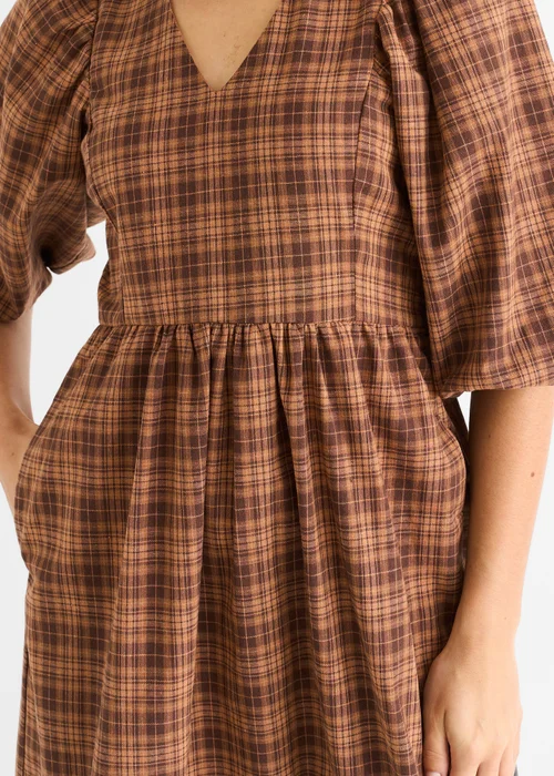 Gini London Brown Cotton Puff Sleeves V Neck Midi Dress - 8 Image 4