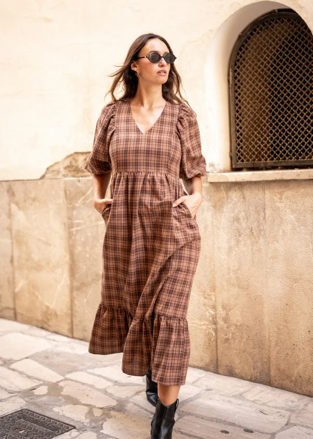 Gini London Brown Cotton Puff Sleeves V Neck Midi Dress