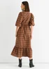 Gini London Brown Cotton Puff Sleeves V Neck Midi Dress - 8 Image 3