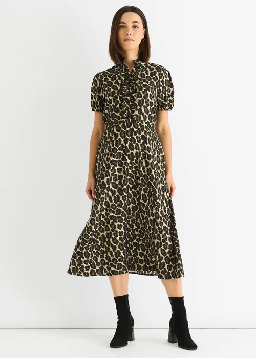 Gini London Green Animal Print Ruffle Neck Midi Dress - 8 Image 1