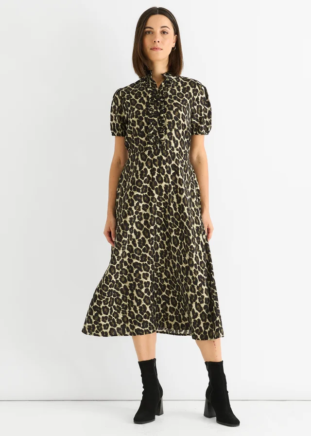 Gini London Green Animal Print Ruffle Neck Midi Dress
