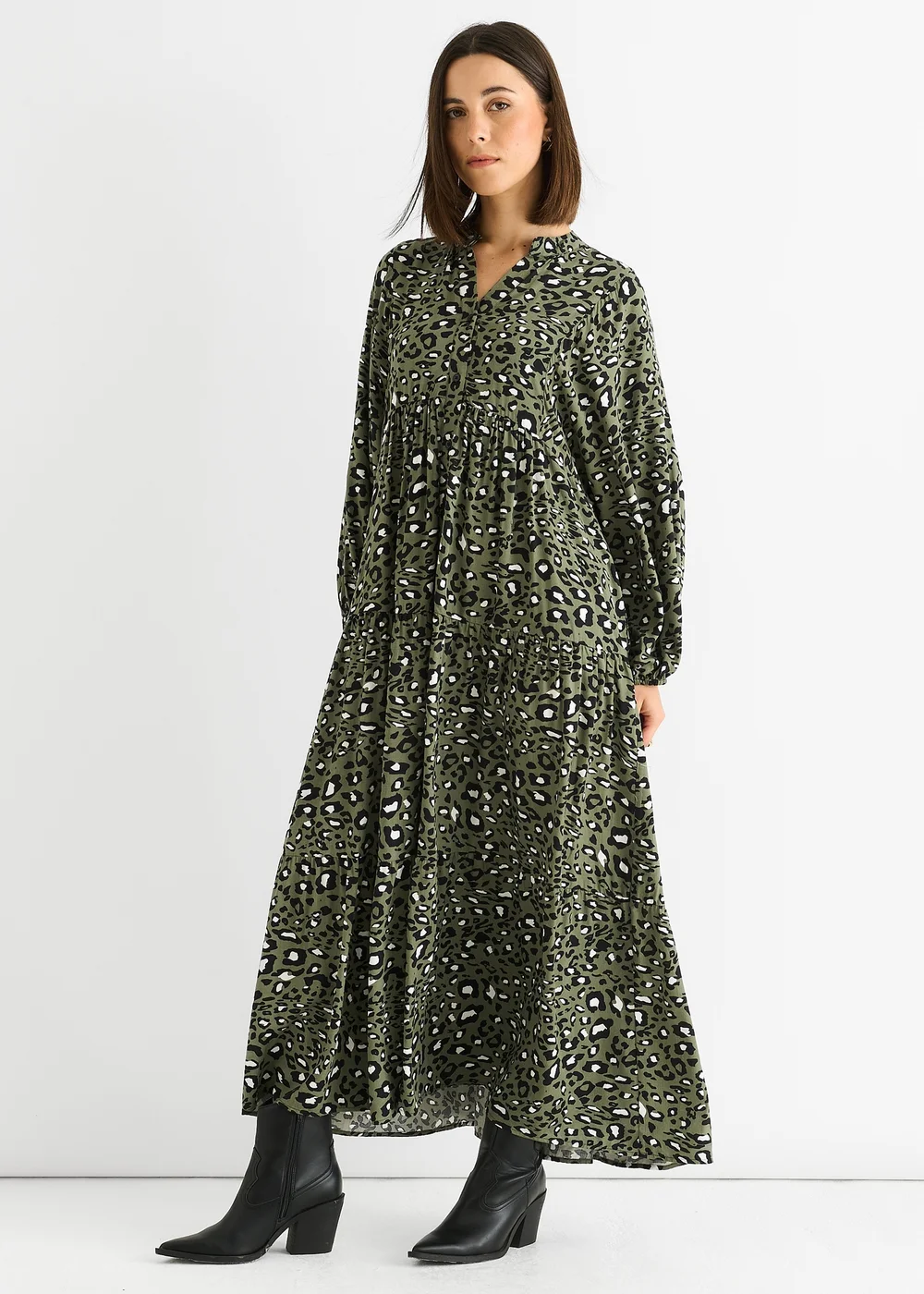 Gini London Khaki Viscose Animal Oversized Smock Maxi Dress - S/M Image 1