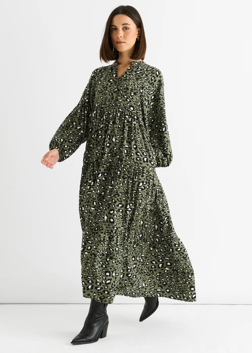 Gini London Khaki Viscose Animal Oversized Smock Maxi Dress - S/M Image 4