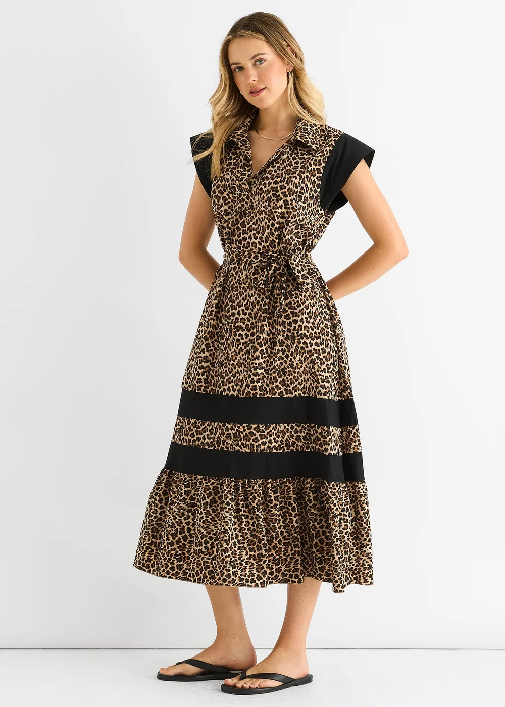 Gini London Brown Animal Contrast Panel Smock Midi Dress - L/XL Image 4