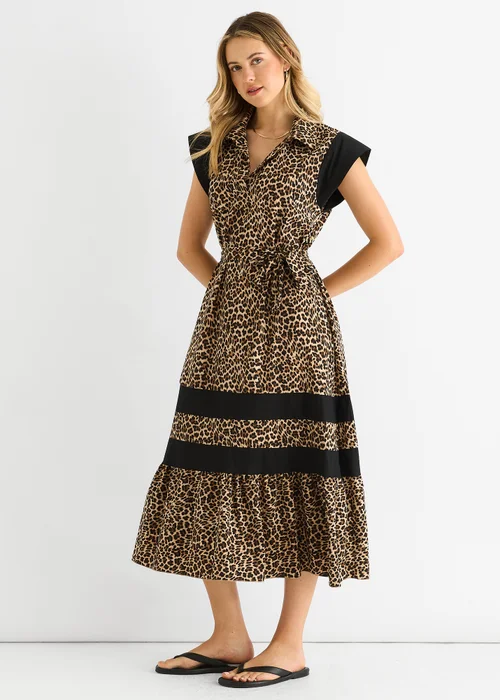 Gini London Brown Animal Contrast Panel Smock Midi Dress - L/XL Image 4