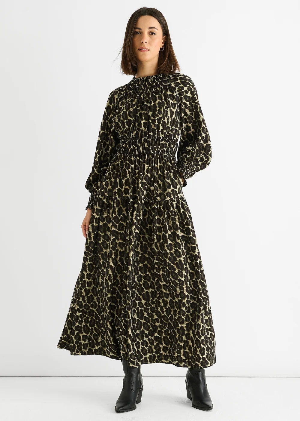 Gini London Khaki Animal Print Shirred High Neck Maxi Dress - 16 Image 1