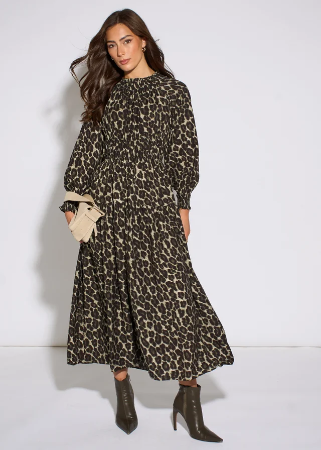 Gini London Khaki Animal Print Shirred High Neck Maxi Dress