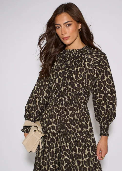 Gini London Khaki Animal Print Shirred High Neck Maxi Dress - 14 Image 3