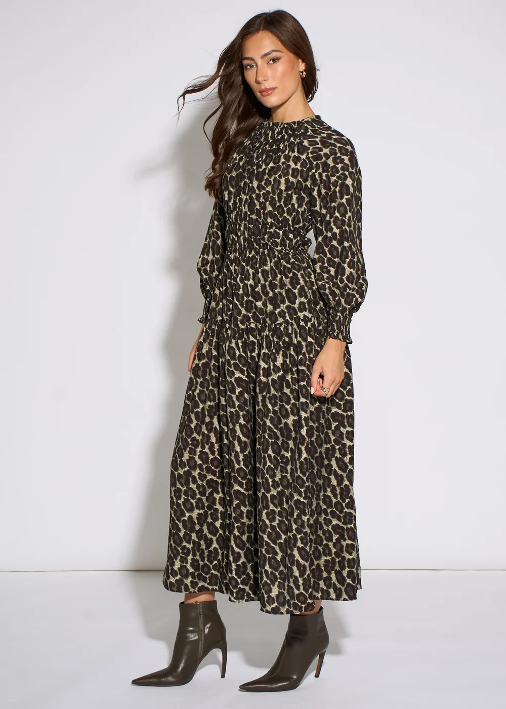 Gini London Khaki Animal Print Shirred High Neck Maxi Dress - 14 Image 4