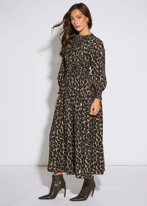 Gini London Khaki Animal Print Shirred High Neck Maxi Dress - 14 Image 4