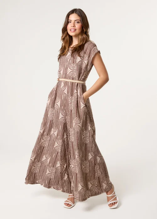 Blue Vanilla Brown Belted Oversized Printed Jumpsuit - One Size Image 1