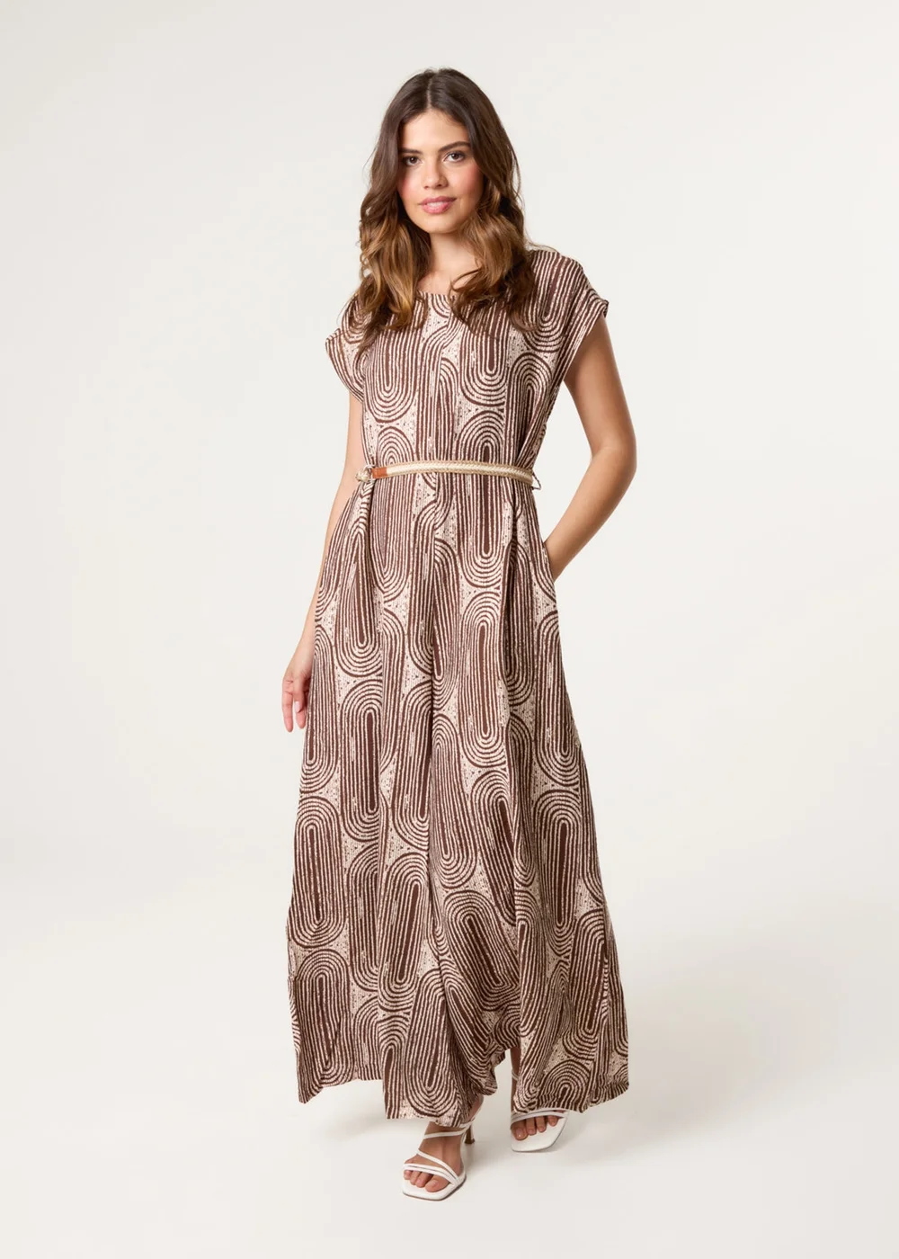 Blue Vanilla Brown Belted Oversized Printed Jumpsuit - One Size Image 3