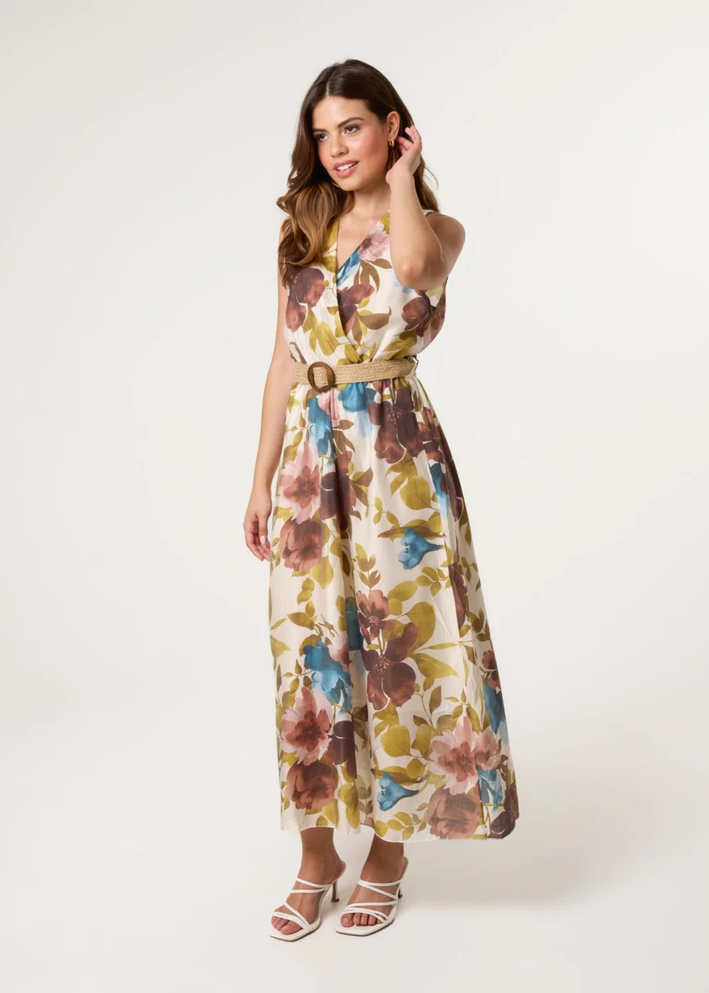 Blue Vanilla Multi Floral Wrap Belted Fine Silk Dress - S/M Image 1