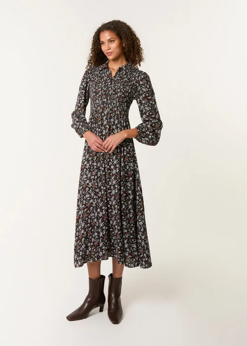 Blue Vanilla Black Ditsy Floral Long Sleeve Shirred Maxi Dress - S Image 3
