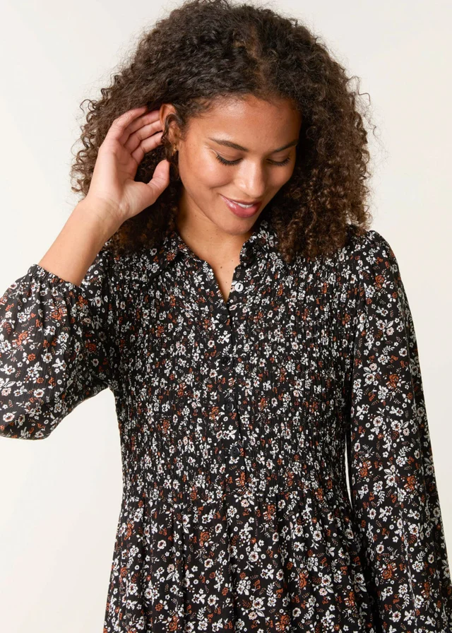 Blue Vanilla Black Ditsy Floral Long Sleeve Shirred Maxi Dress