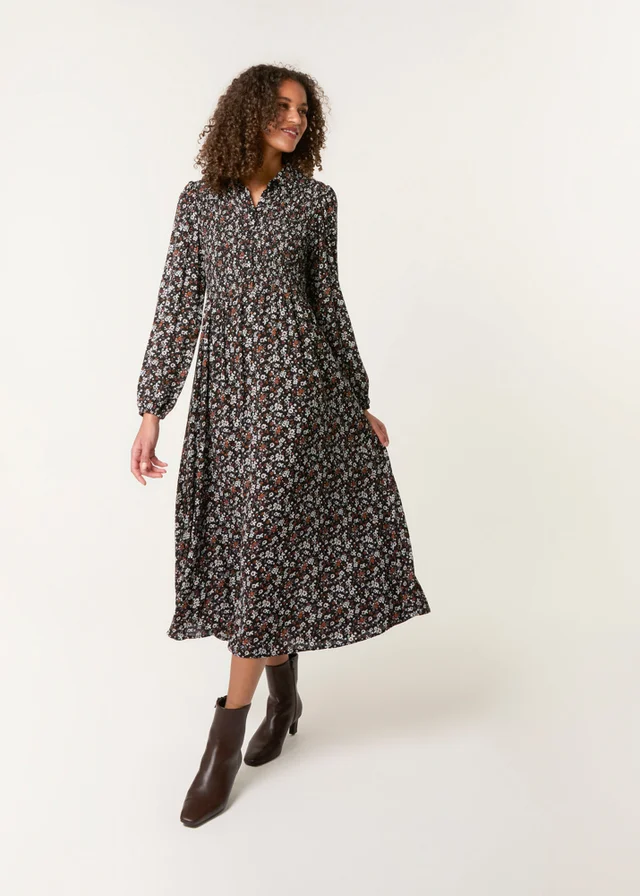 Blue Vanilla Black Ditsy Floral Long Sleeve Shirred Maxi Dress