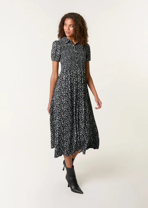 Blue Vanilla Black Ditsy Floral Puff Sleeve Shirred Dress - S Image 1