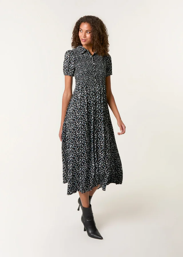 Blue Vanilla Black Ditsy Floral Puff Sleeve Shirred Dress