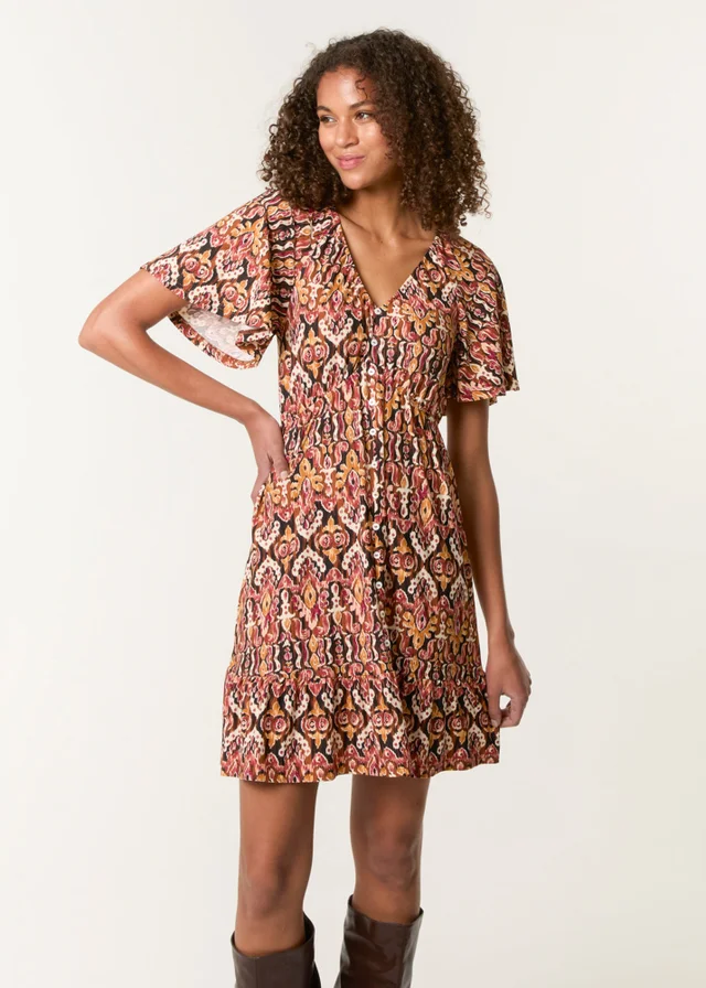 Blue Vanilla Black Button Through Elastic Waist & Neck Mini Dress