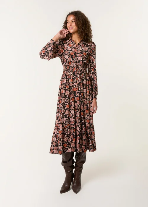 Blue Vanilla Black Floral Printed Shirred Waist Midi Shirt Dress - Small Image 3