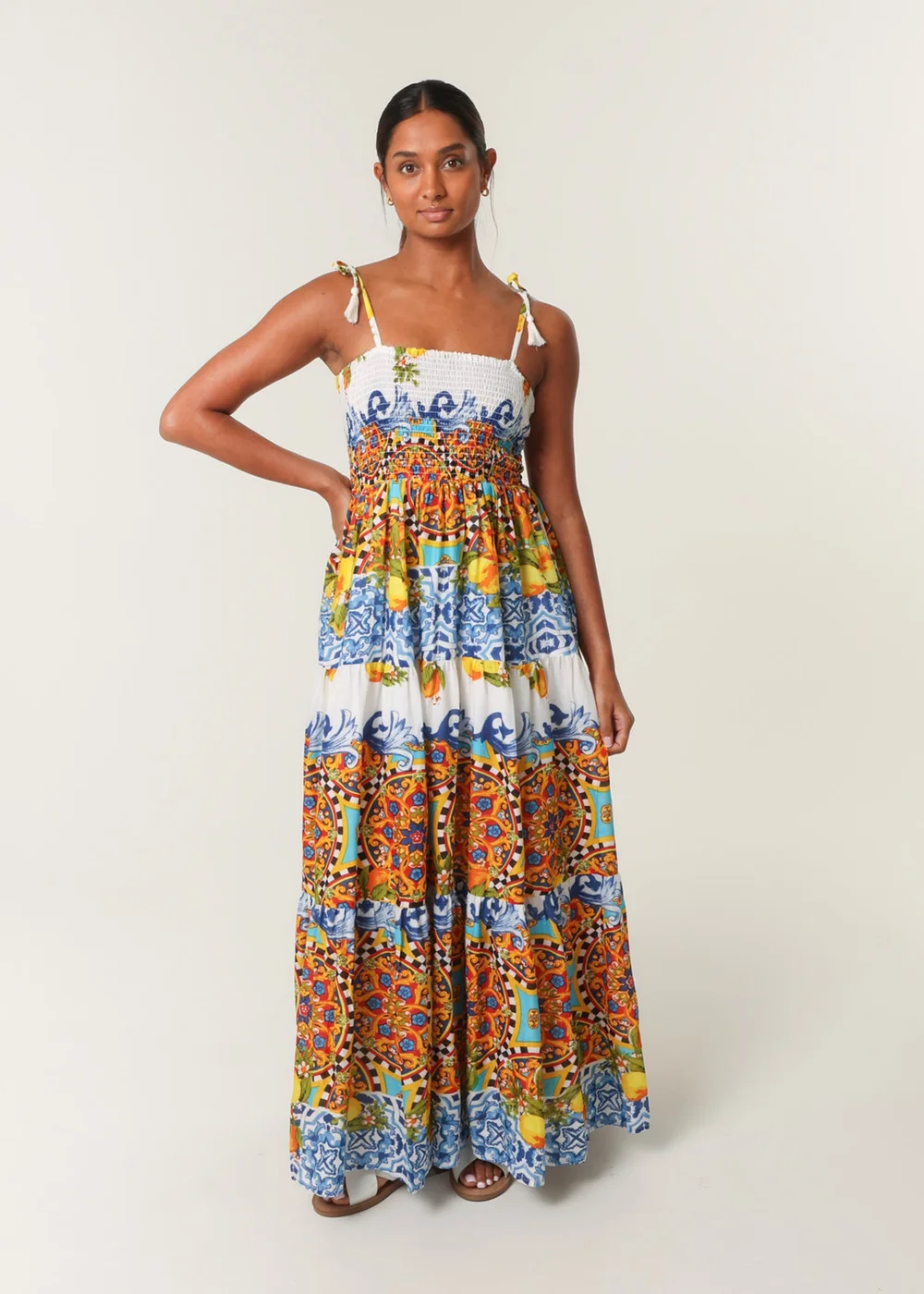 Blue Vanilla Multi Lemon Abstract Print Shirred Maxi Dress - S Image 1
