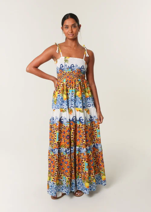 Blue Vanilla Multi Lemon Abstract Print Shirred Maxi Dress - S Image 1
