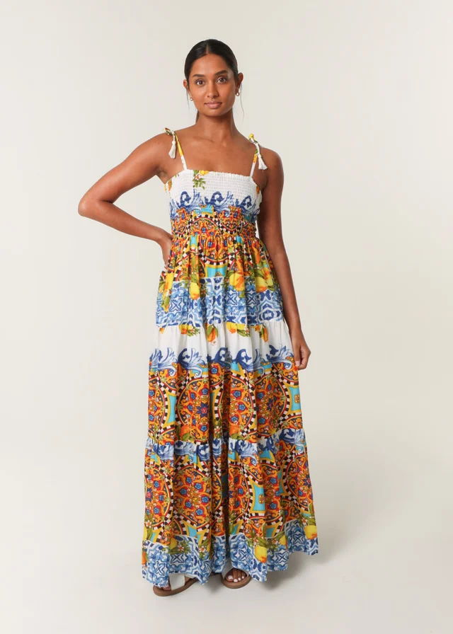 Blue Vanilla Multi Lemon Abstract Print Shirred Maxi Dress
