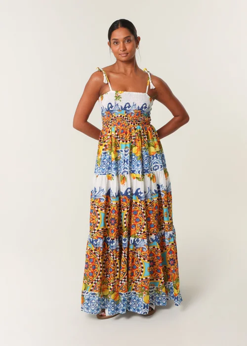 Blue Vanilla Multi Lemon Abstract Print Shirred Maxi Dress - S Image 3