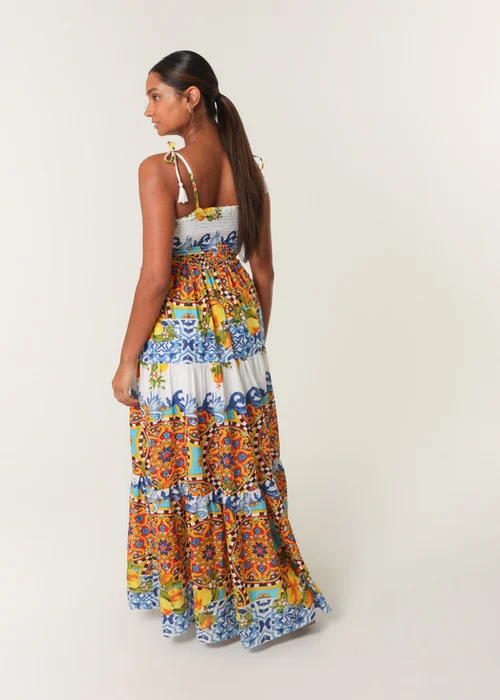 Blue Vanilla Multi Lemon Abstract Print Shirred Maxi Dress - S Image 4
