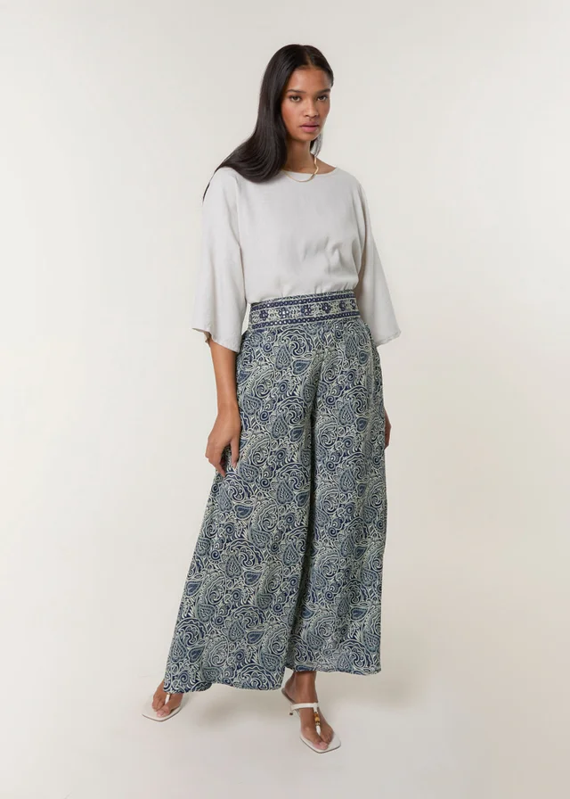 Blue Vanilla Navy Embellished Waist Wide Leg Trousers