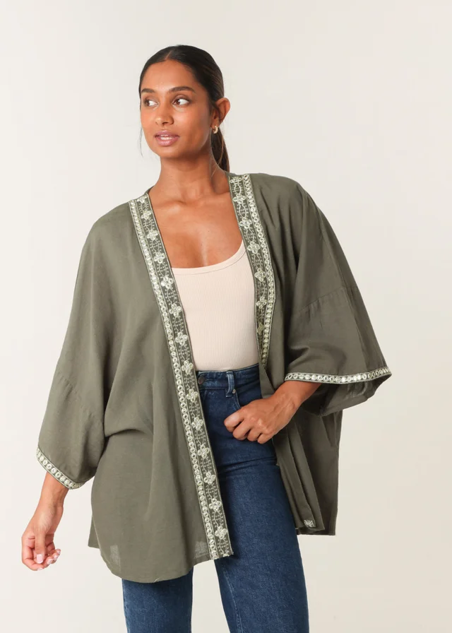 Blue Vanilla Khaki Embellished Kimono
