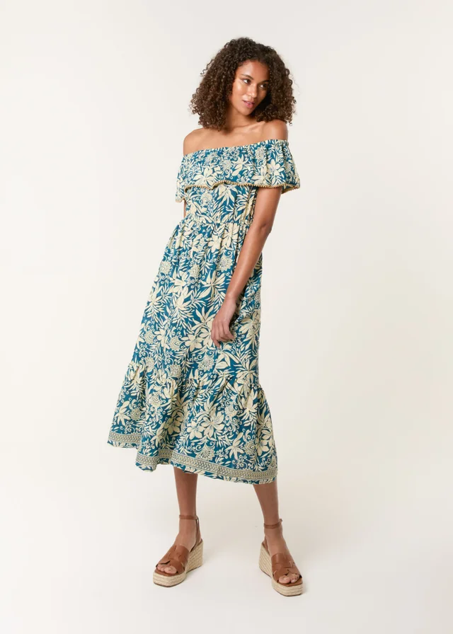 Blue Vanilla Turquoise Gold Beaded Bardot Midi Dress