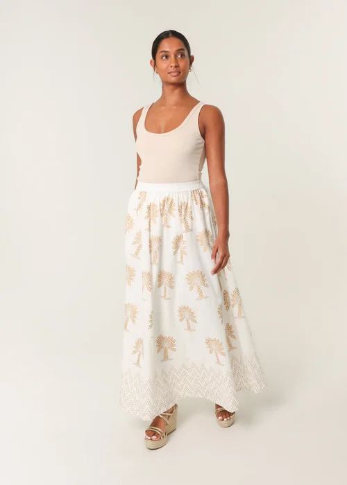 Blue Vanilla Ivory Gold Palm Print Circle Skirt - L/XL Image 1