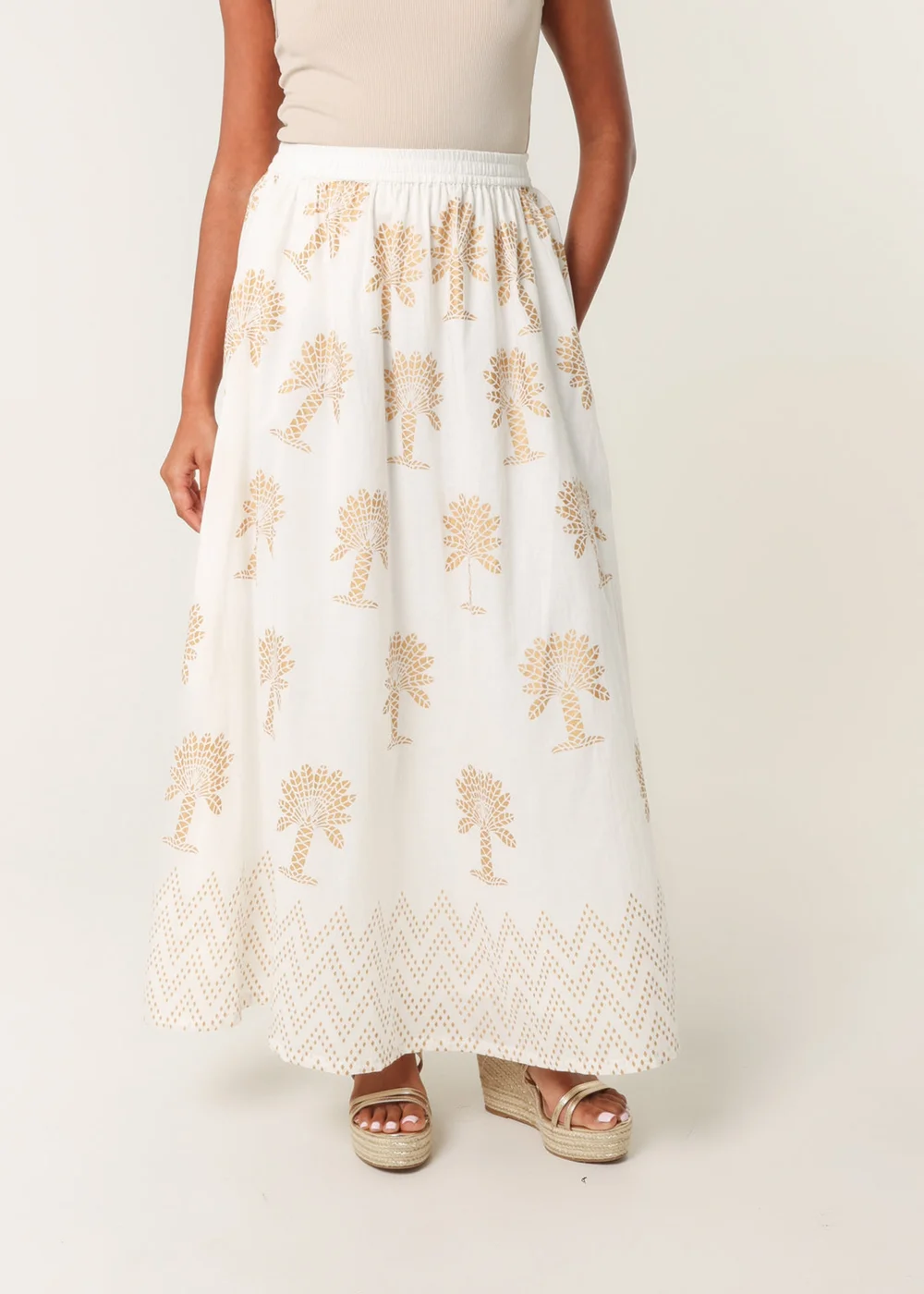 Blue Vanilla Ivory Gold Palm Print Circle Skirt - L/XL Image 3