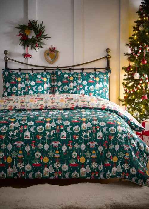 Fusion Christmas Ornaments Reversible Green Duvet Cover Set - Single Image 1