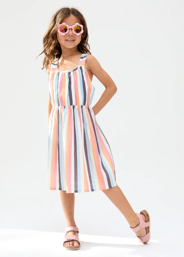 Raffya Kids Multi Kris Cross Back Stripe Print Dress (3-9 Years)