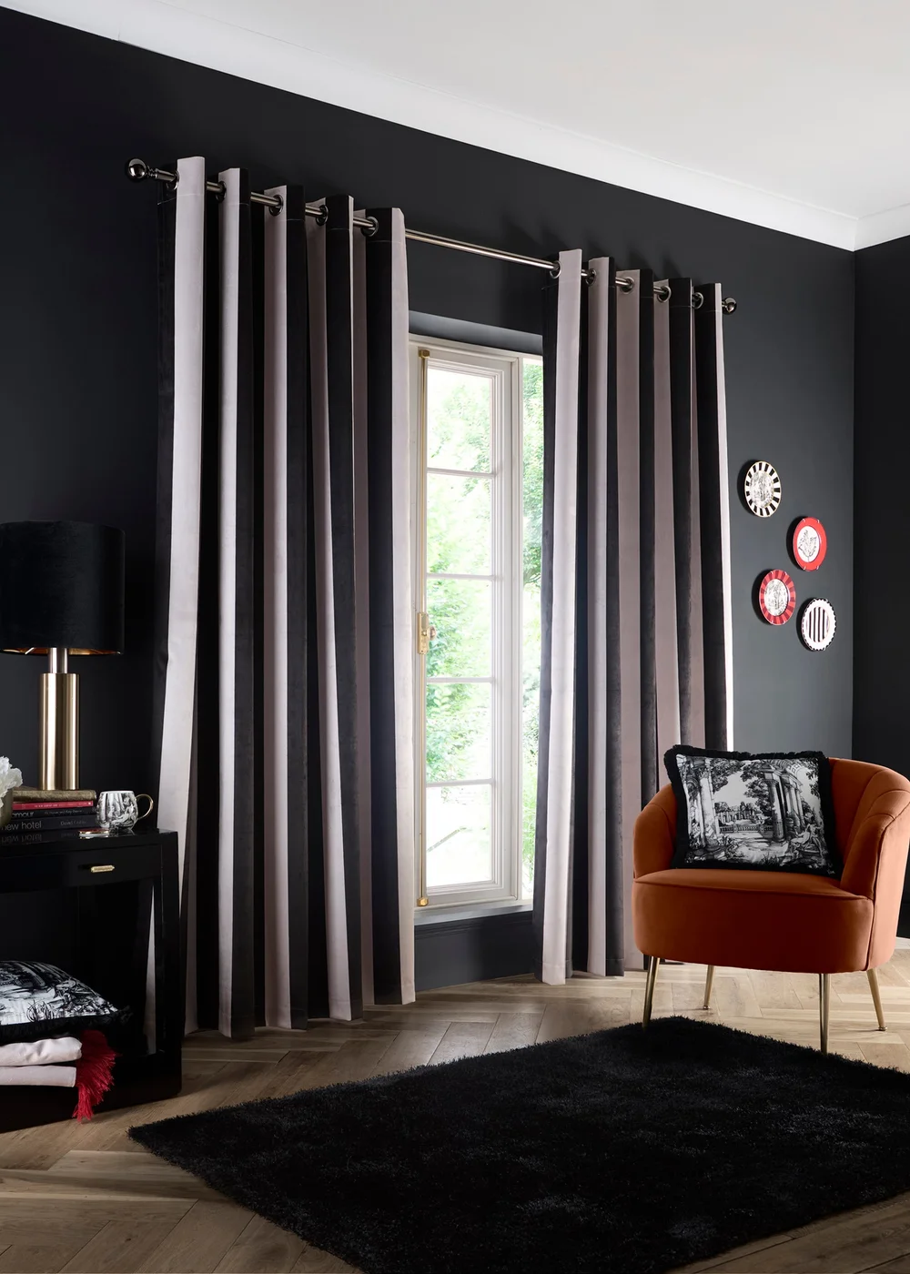 Laurence Llewelyn-Bowen Festivo Stripe Black Eyelet Curtains - 66W X 72D (168x183cm) Image 1