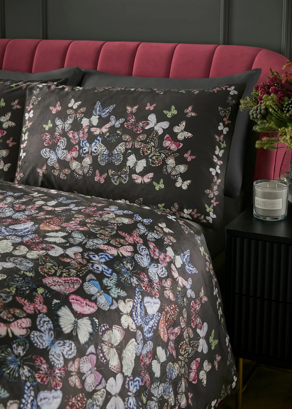 Soiree Papillon Velvet Charcoal Duvet Cover Set - Double Image 2