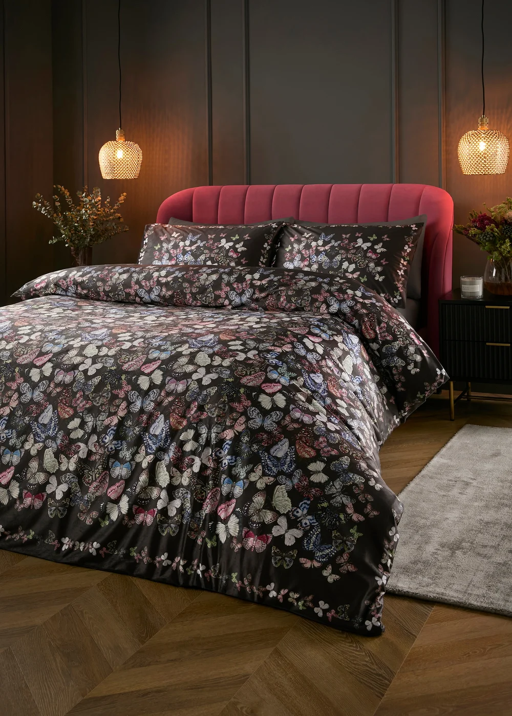 Soiree Papillon Velvet Charcoal Duvet Cover Set - Double Image 1