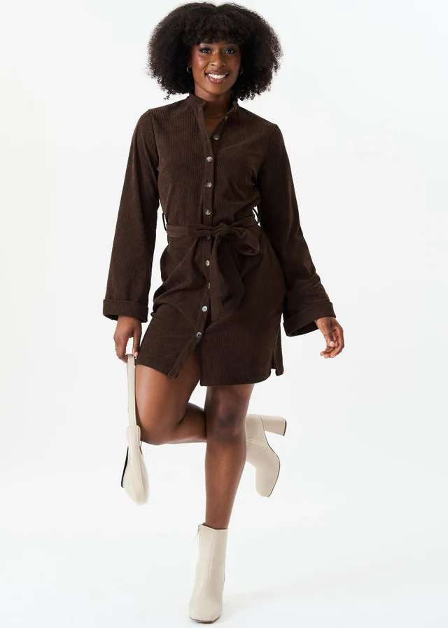 Gini London Brown Button Front Belted Corduroy Shirt Dress