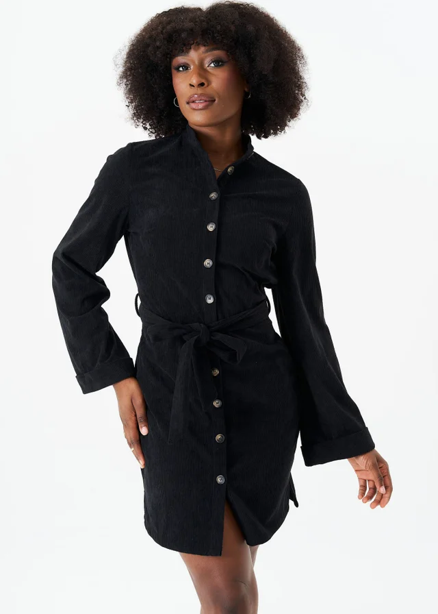 Gini London Black Button Front Belted Corduroy Shirt Dress