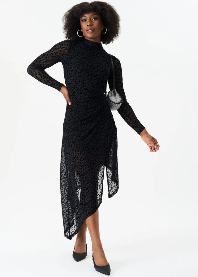 Gini London Black Animal Devore High Neck Midi Dress