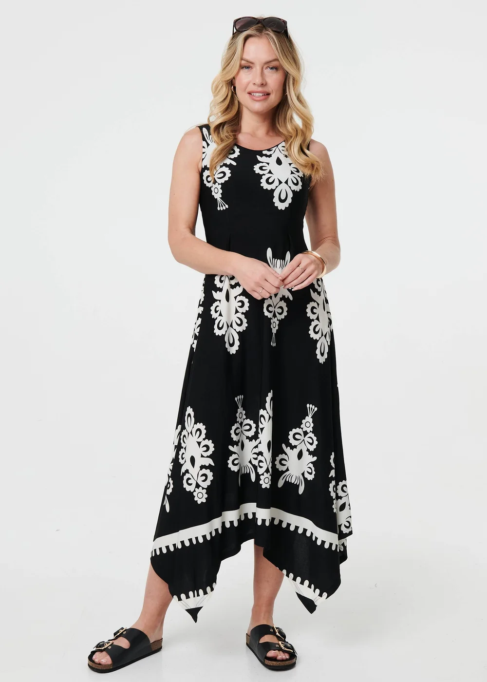 Izabel London Black & White Ikat Print Sleeveless A-Line Midi Dress - 12 Image 1
