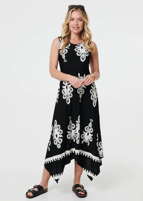 Izabel London Black & White Ikat Print Sleeveless A-Line Midi Dress - 12 Image 1